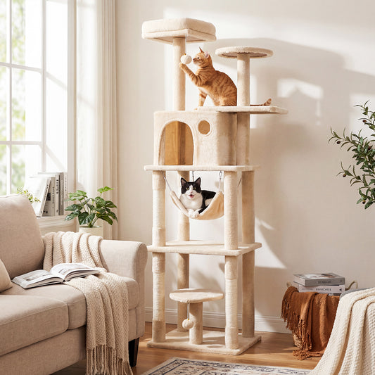 168 cm Tall Multi-Level Cat Tree with 2 Perches and Hammock-Beige