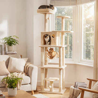 168 cm Tall Multi-Level Cat Tree with 2 Perches and Hammock-Beige