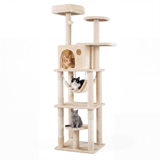 168 cm Tall Multi-Level Cat Tree with 2 Perches and Hammock-Beige