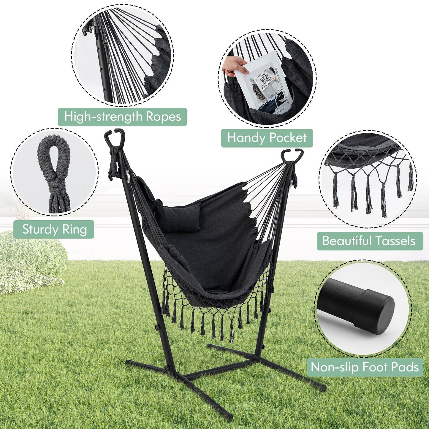 Height Adjustable Hammock Chair with Phone Holder and Side Pocket-Gray