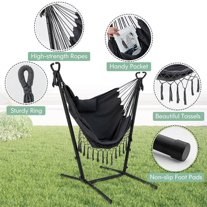 Height Adjustable Hammock Chair with Phone Holder and Side Pocket-Gray
