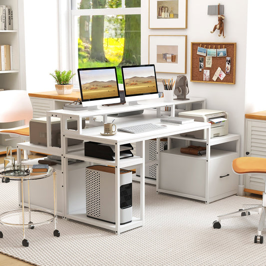 168 CM Home Office Computer Desk Modern Writing Desk with Monitor Stand-White