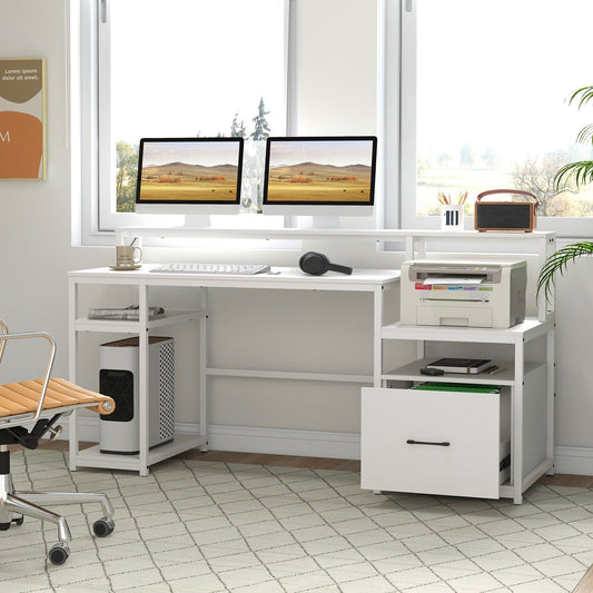 168 CM Home Office Computer Desk Modern Writing Desk with Monitor Stand-White