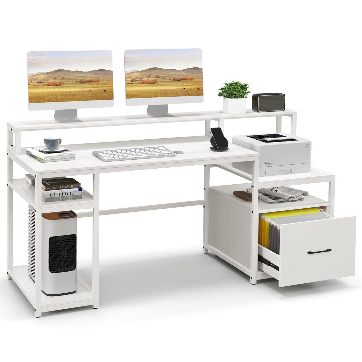 168 CM Home Office Computer Desk Modern Writing Desk with Monitor Stand-White