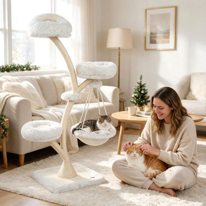 169 cm Cat Tree with Top Perch 2 Beds Hammock and Sisal Posts for Indoor Kittens-Beige