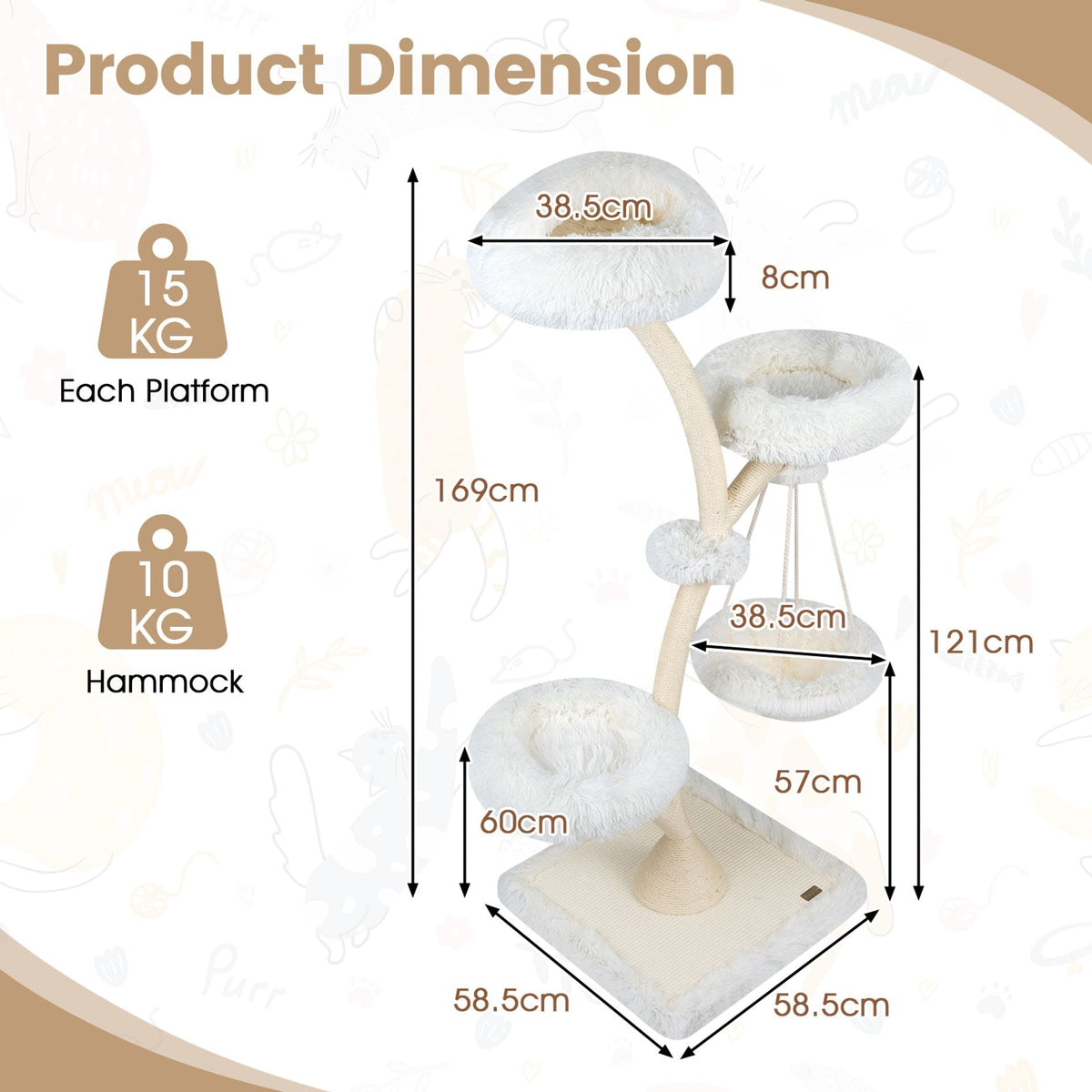 169 cm Cat Tree with Top Perch 2 Beds Hammock and Sisal Posts for Indoor Kittens-Beige