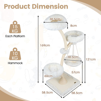 169 cm Cat Tree with Top Perch 2 Beds Hammock and Sisal Posts for Indoor Kittens-Beige