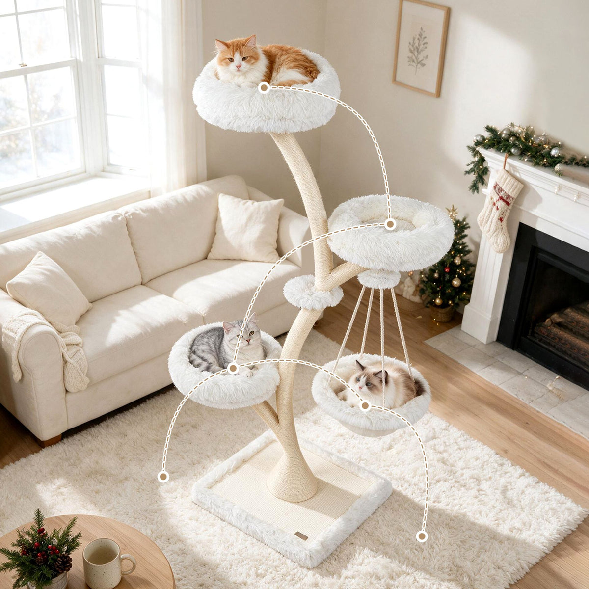 169 cm Cat Tree with Top Perch 2 Beds Hammock and Sisal Posts for Indoor Kittens-Beige