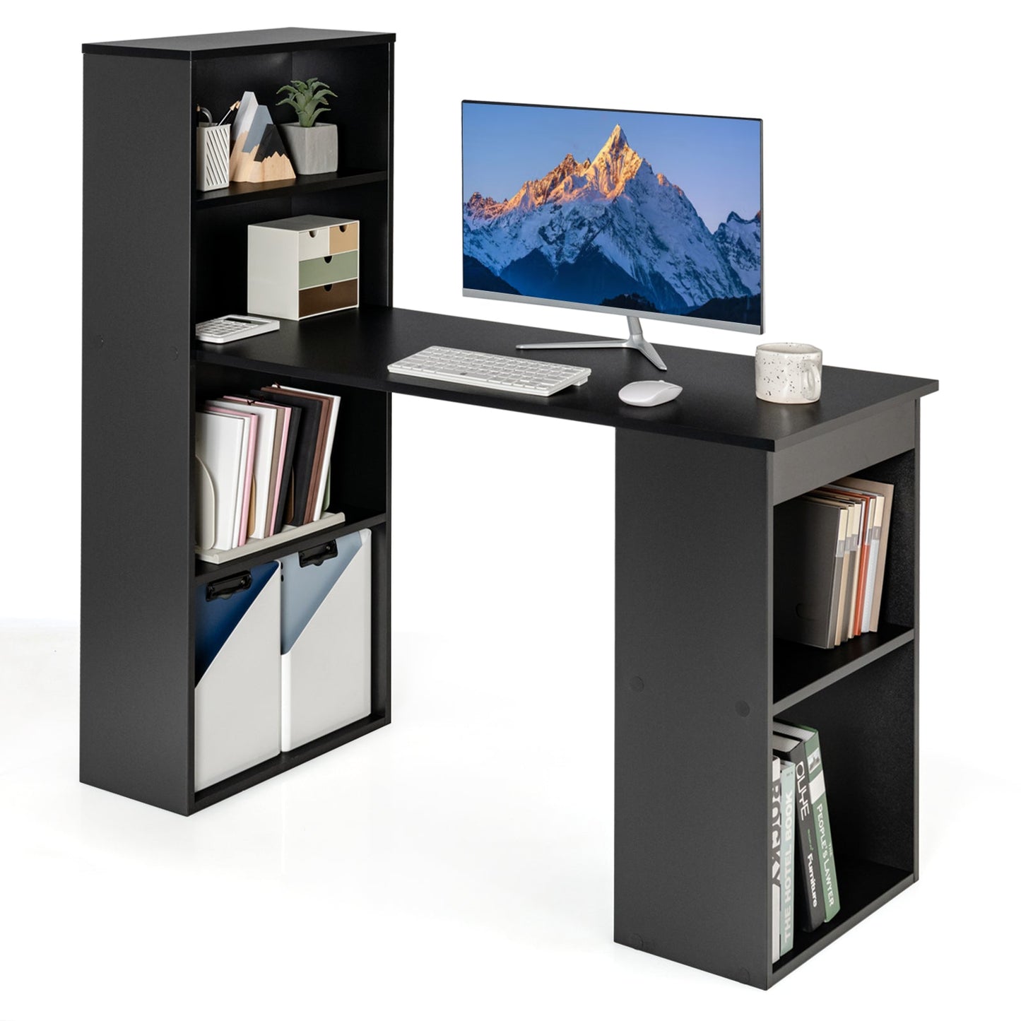 Modern 3-in-1 Wooden Computer Desk with 6-Tier Storage Bookshelves-Black