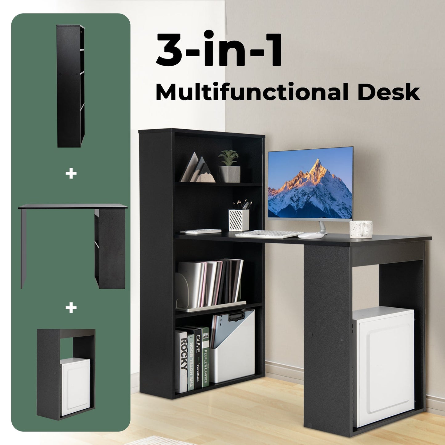 Modern 3-in-1 Wooden Computer Desk with 6-Tier Storage Bookshelves-Black