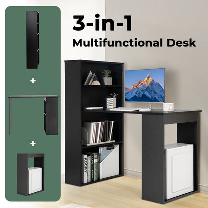 Modern 3-in-1 Wooden Computer Desk with 6-Tier Storage Bookshelves-Black