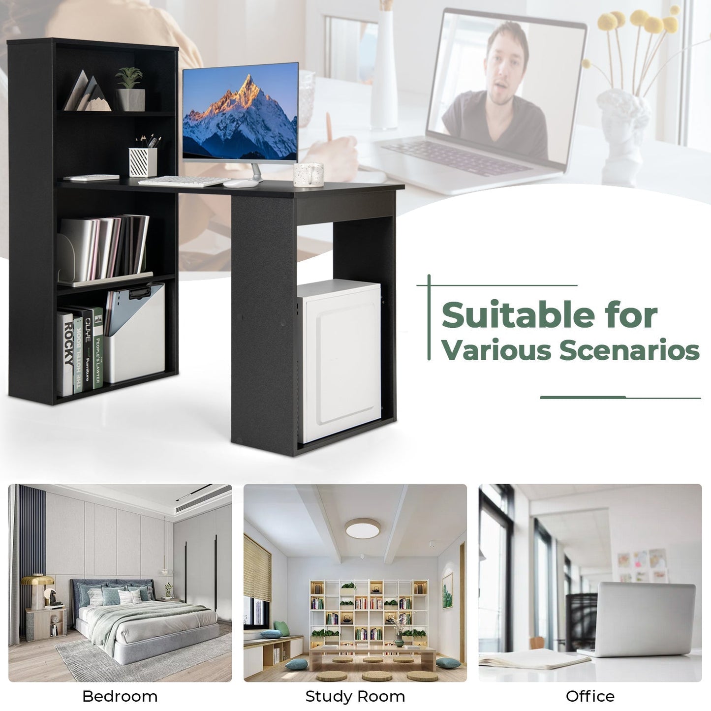 Modern 3-in-1 Wooden Computer Desk with 6-Tier Storage Bookshelves-Black