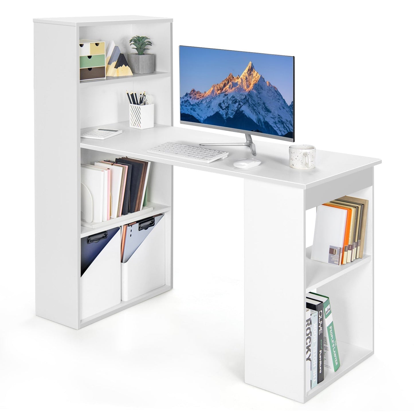 Modern 3-in-1 Wooden Computer Desk with 6-Tier Storage Bookshelves-White
