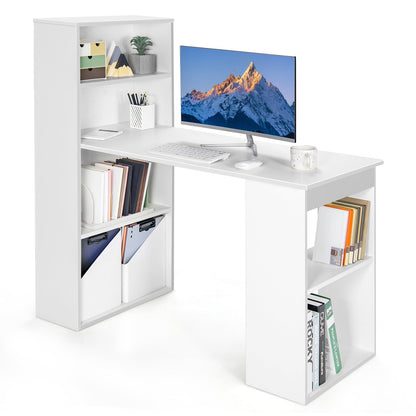Modern 3-in-1 Wooden Computer Desk with 6-Tier Storage Bookshelves-White
