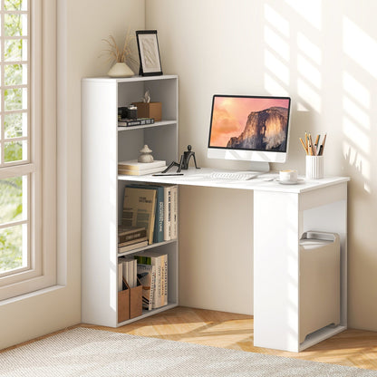 Modern 3-in-1 Wooden Computer Desk with 6-Tier Storage Bookshelves-White