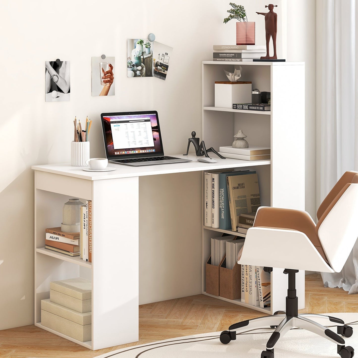 Modern 3-in-1 Wooden Computer Desk with 6-Tier Storage Bookshelves-White