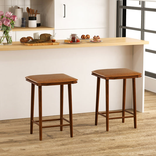 Set of 2 Saddle Barstool with Removable PU Leather Cushion and Footrest
