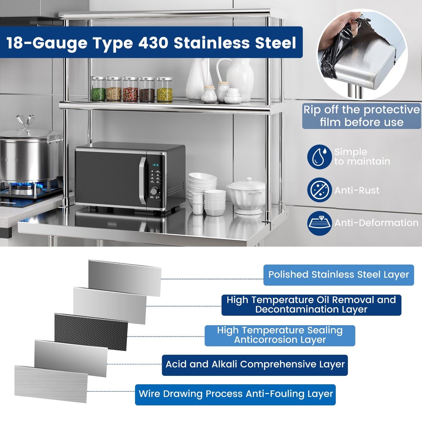 Stainless Steel Overshelf with Adjustable Lower Shelf for Restaurant Kitchen