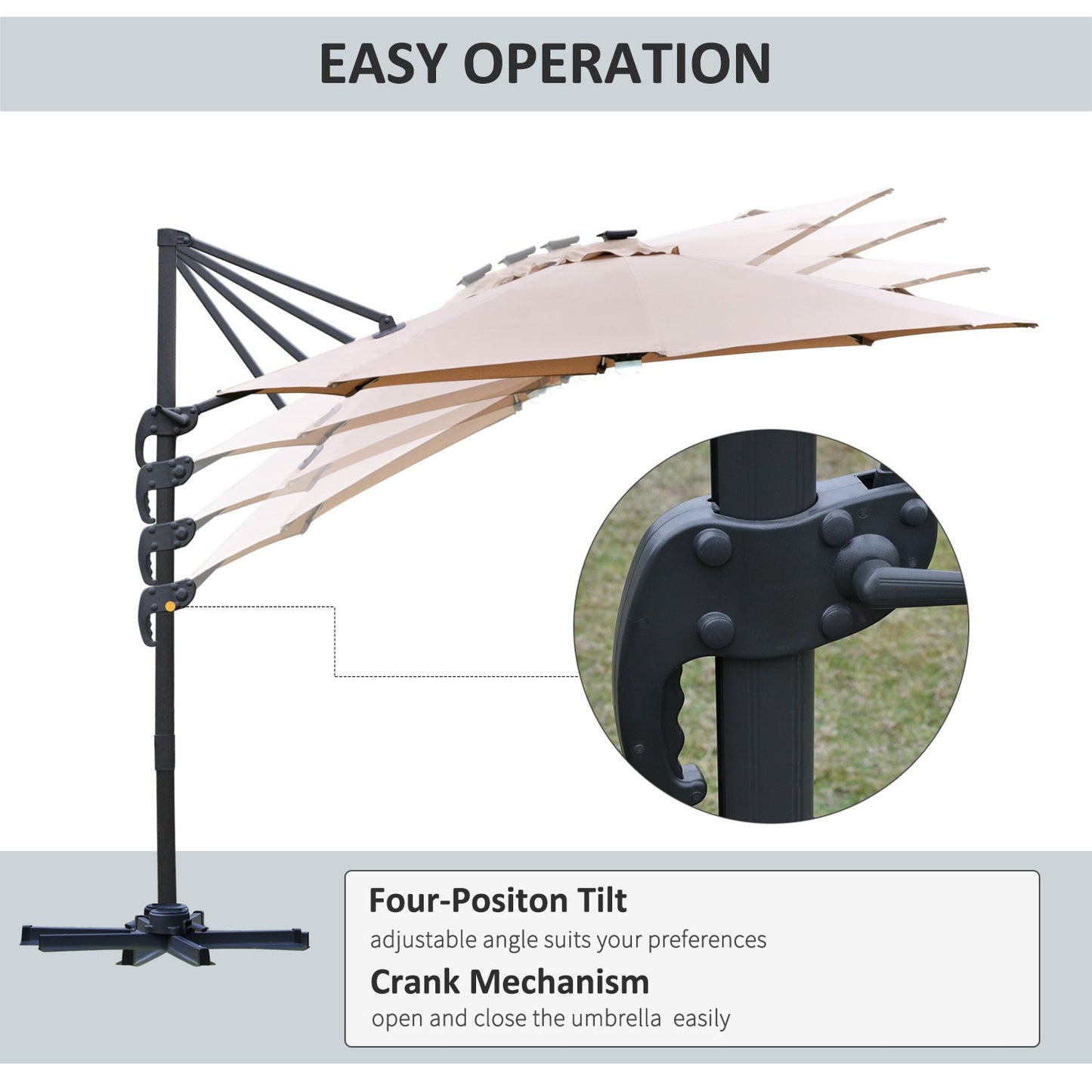 Outsunny 3(m) Cantilever Roma Parasol Garden Sun Umbrella with LED Solar Light Cross Base 360° Rotating, Brown