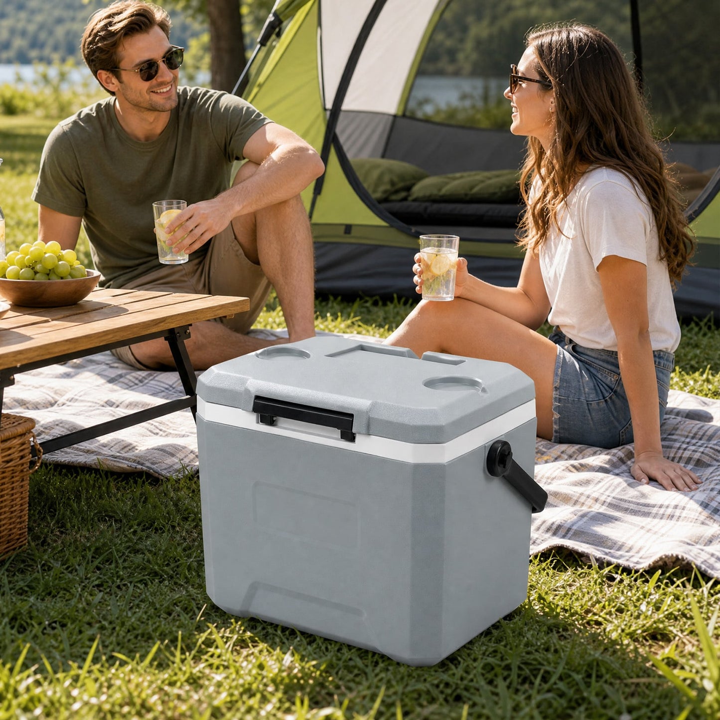16L Portable Cooler with Phone & Bottle Holders and Divider for Camping Fishing-Grey