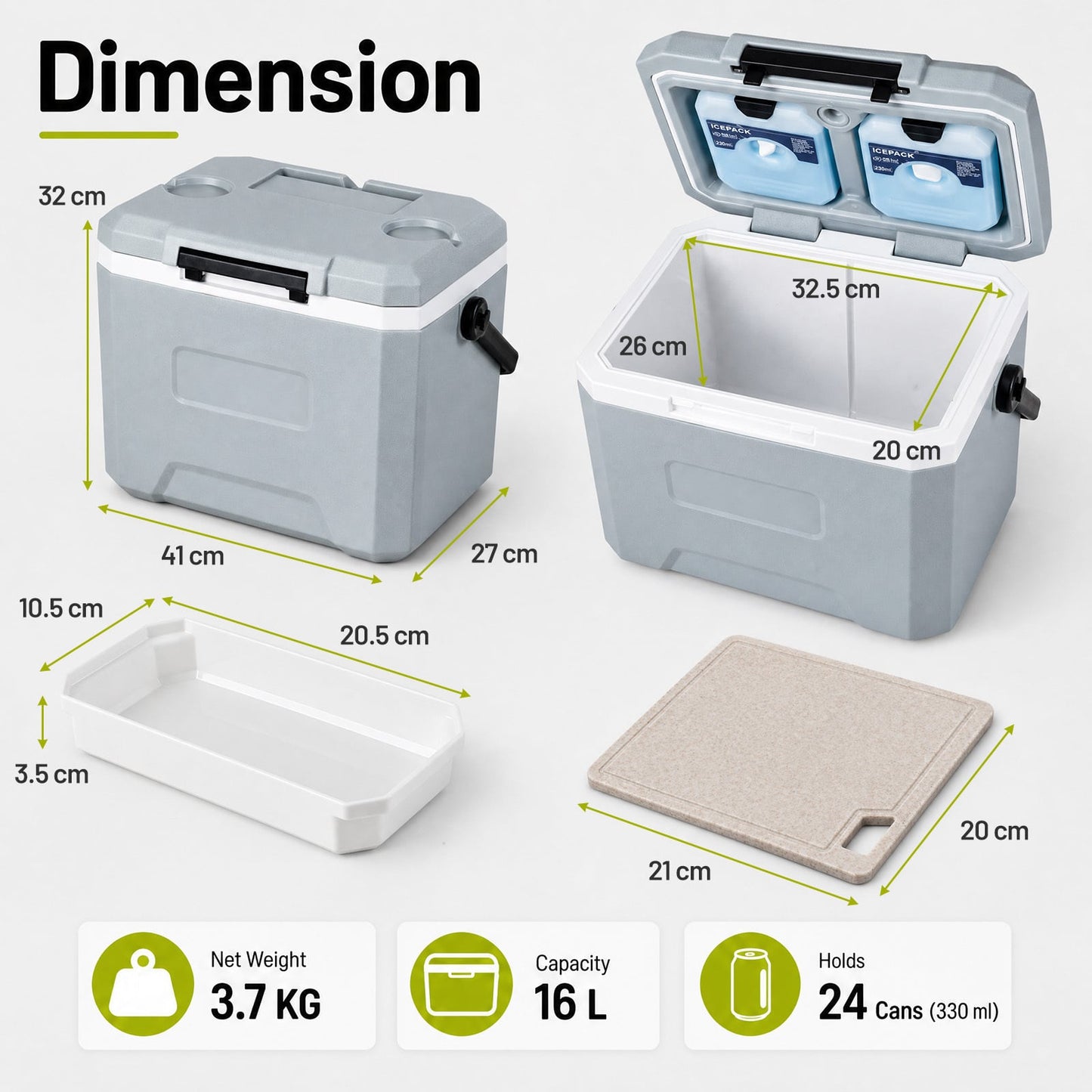 16L Portable Cooler with Phone & Bottle Holders and Divider for Camping Fishing-Grey