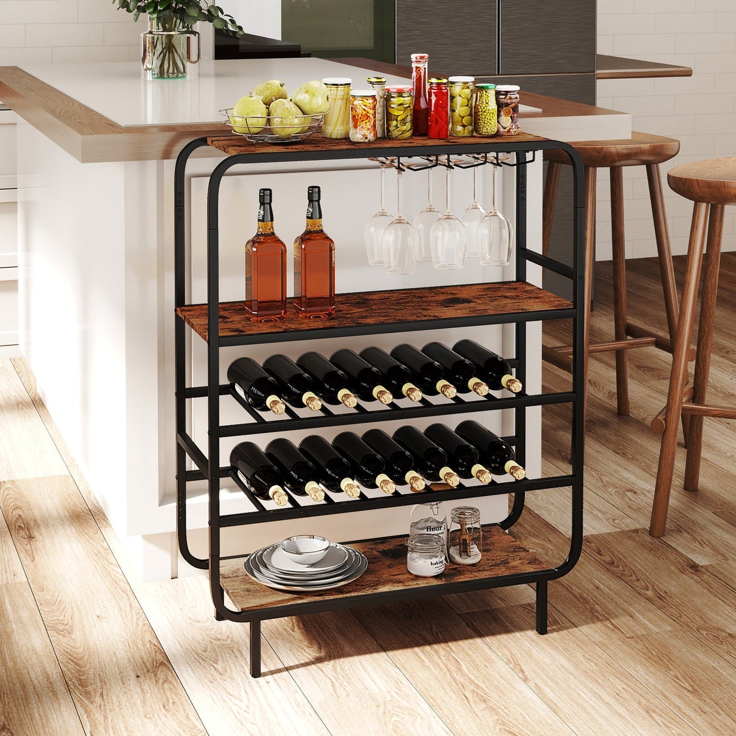Freestanding Floor 5-Tier Wine Shelf with Glass Holders-Rustic Brown