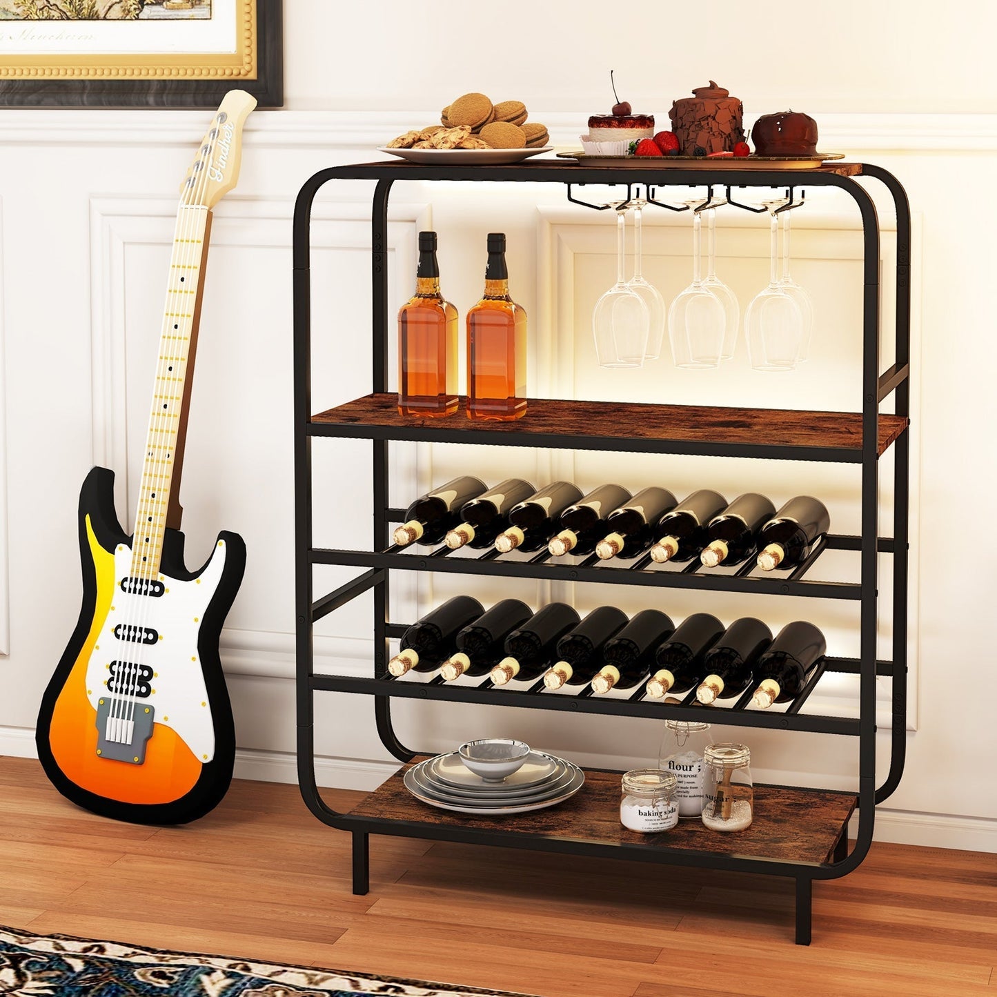 Freestanding Floor 5-Tier Wine Shelf with Glass Holders-Rustic Brown