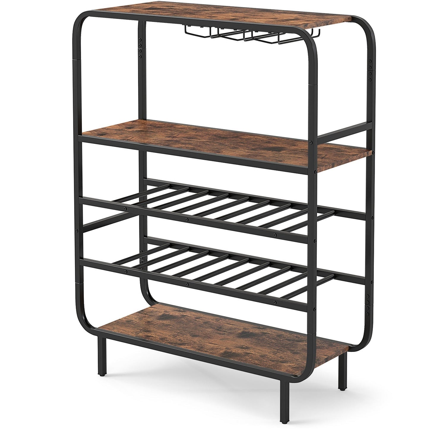 Freestanding Floor 5-Tier Wine Shelf with Glass Holders-Rustic Brown