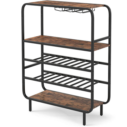 Freestanding Floor 5-Tier Wine Shelf with Glass Holders-Rustic Brown