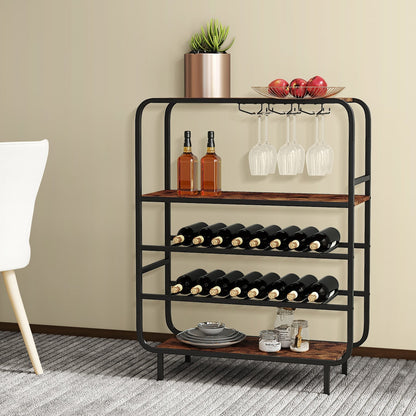 Freestanding Floor 5-Tier Wine Shelf with Glass Holders-Rustic Brown