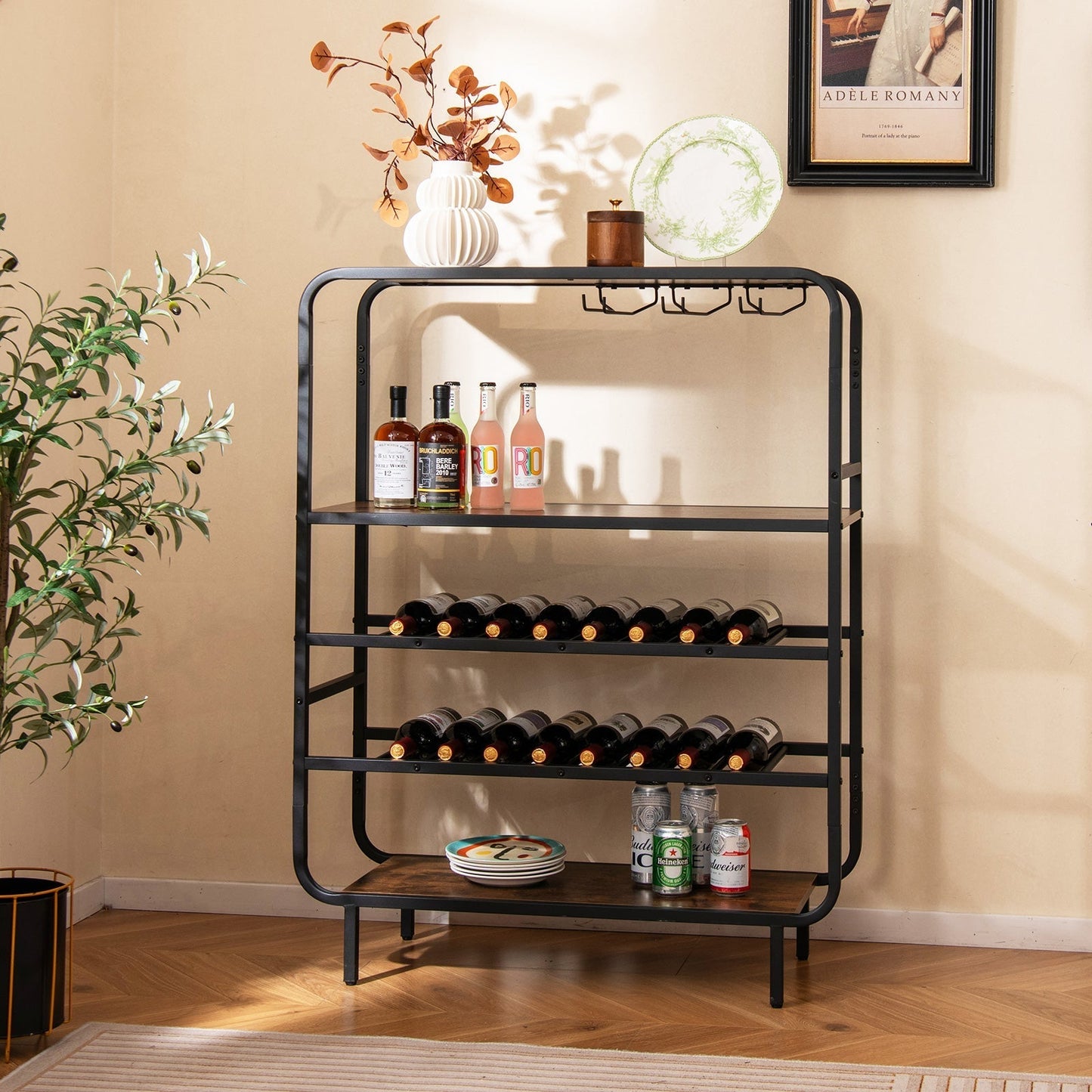 Freestanding Floor 5-Tier Wine Shelf with Glass Holders-Rustic Brown