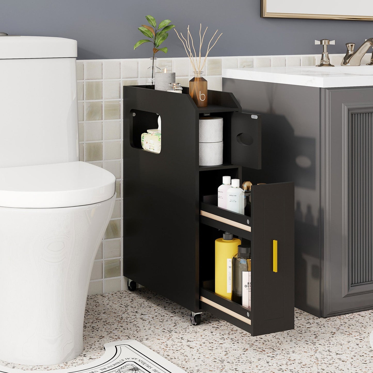 16 CM Small Bathroom Storage Cabinet with Slide Out Drawer-Black