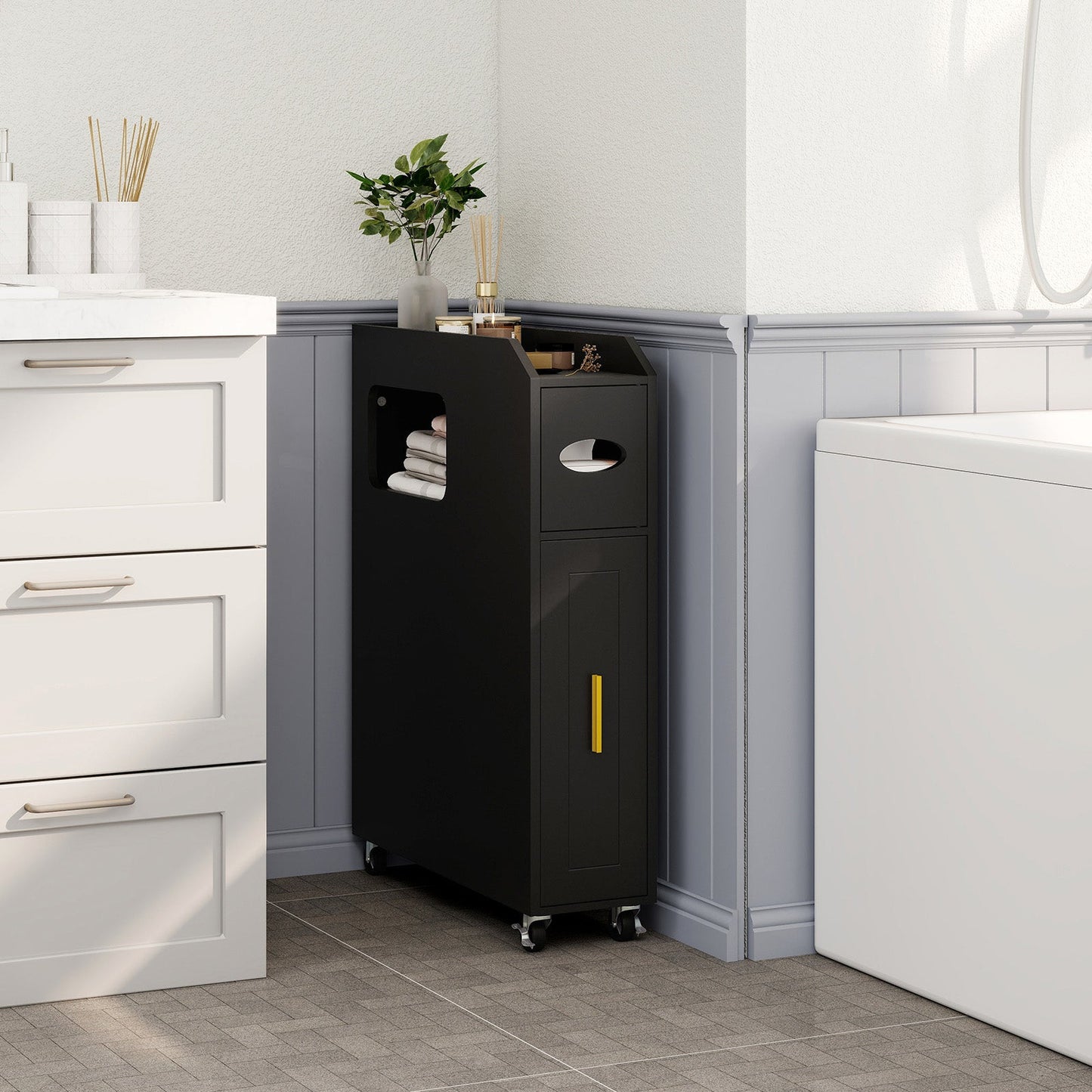 16 CM Small Bathroom Storage Cabinet with Slide Out Drawer-Black
