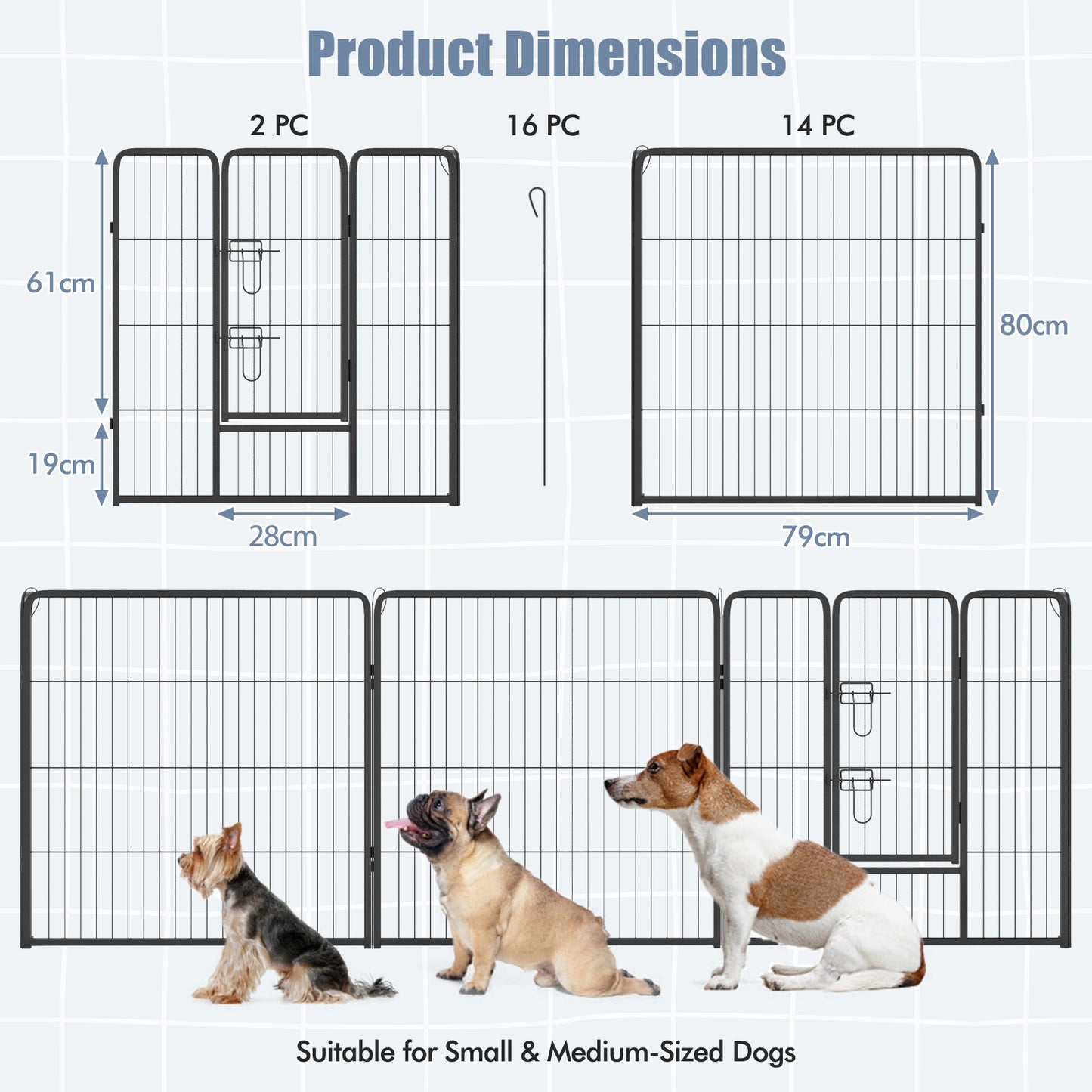 16 Panel 80cm Height Pen Fence with Lock and Large Door-Black