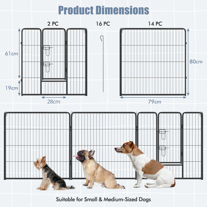 16 Panel 80cm Height Pen Fence with Lock and Large Door-Black