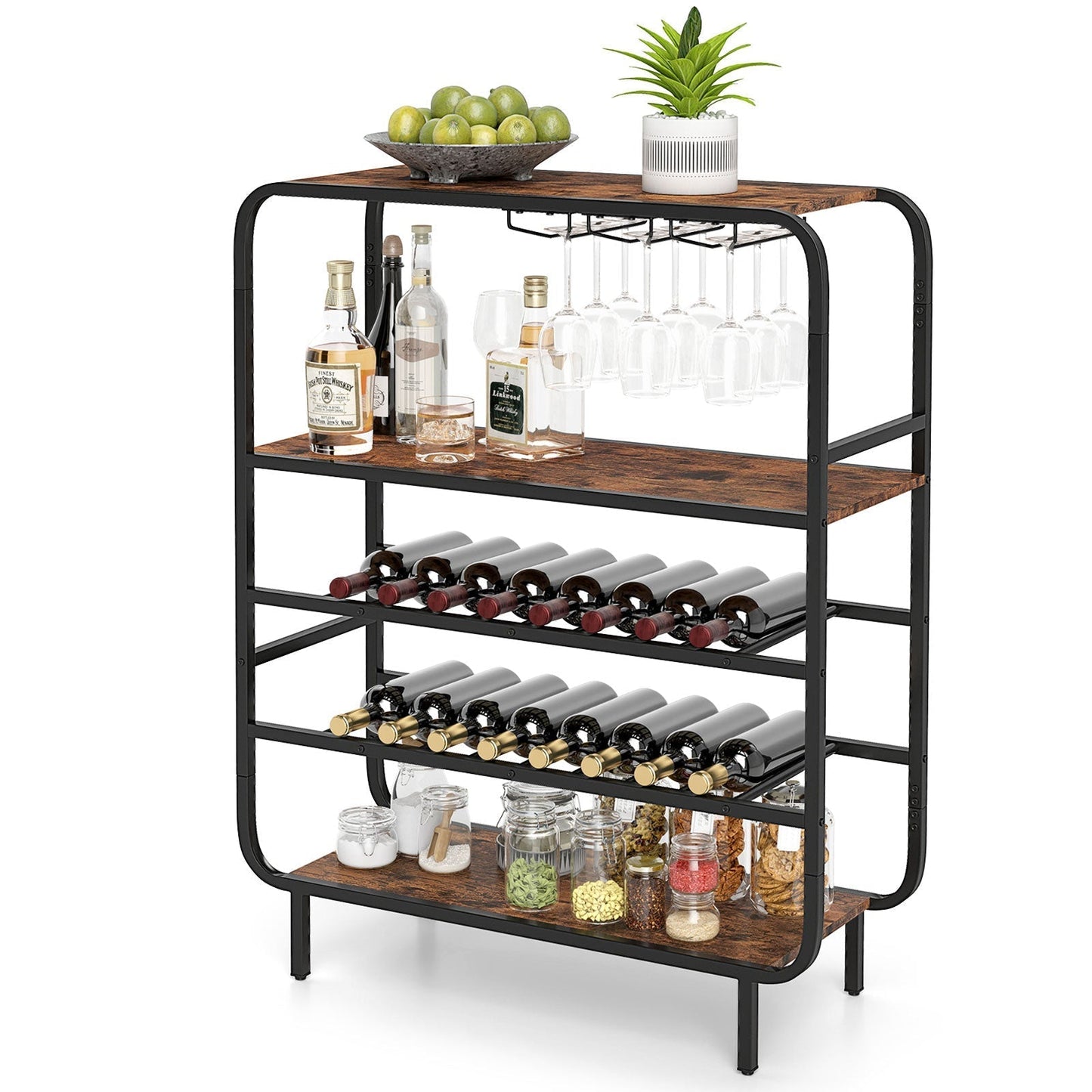 Freestanding Floor 5-Tier Wine Shelf with Glass Holders-Rustic Brown