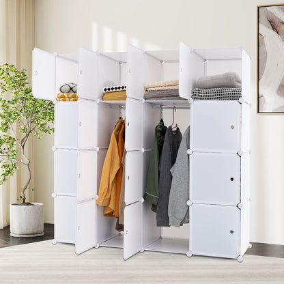 16 Cube Cabinet Storage Organizer with 2 Clothes Hanging Rails -White