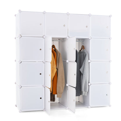 16 Cube Cabinet Storage Organizer with 2 Clothes Hanging Rails -White
