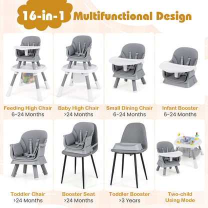 16-in-1 Convertible Baby High Chair with Removable Tray and 5-Point Harness-Grey