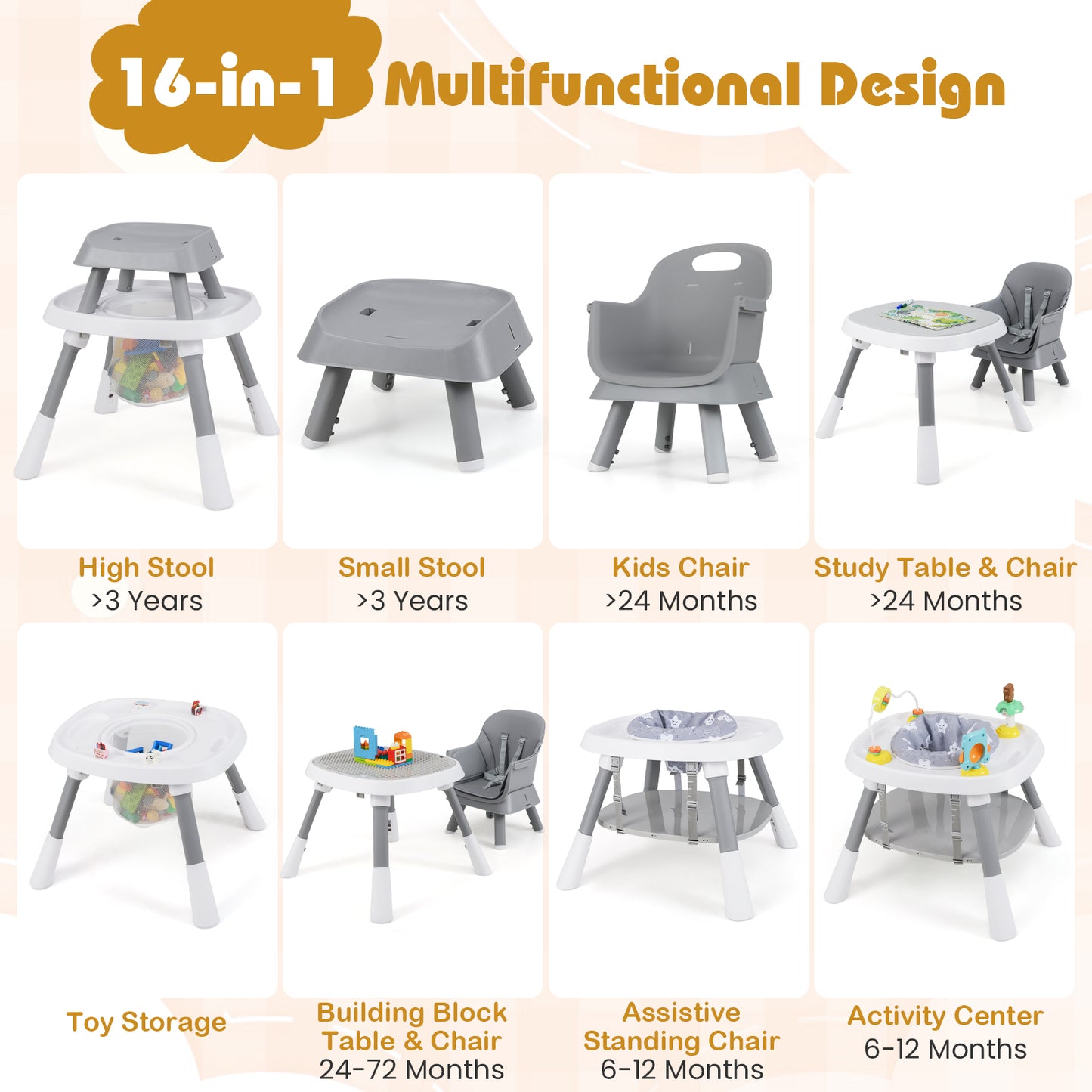 16-in-1 Convertible Baby High Chair with Removable Tray and 5-Point Harness-Grey