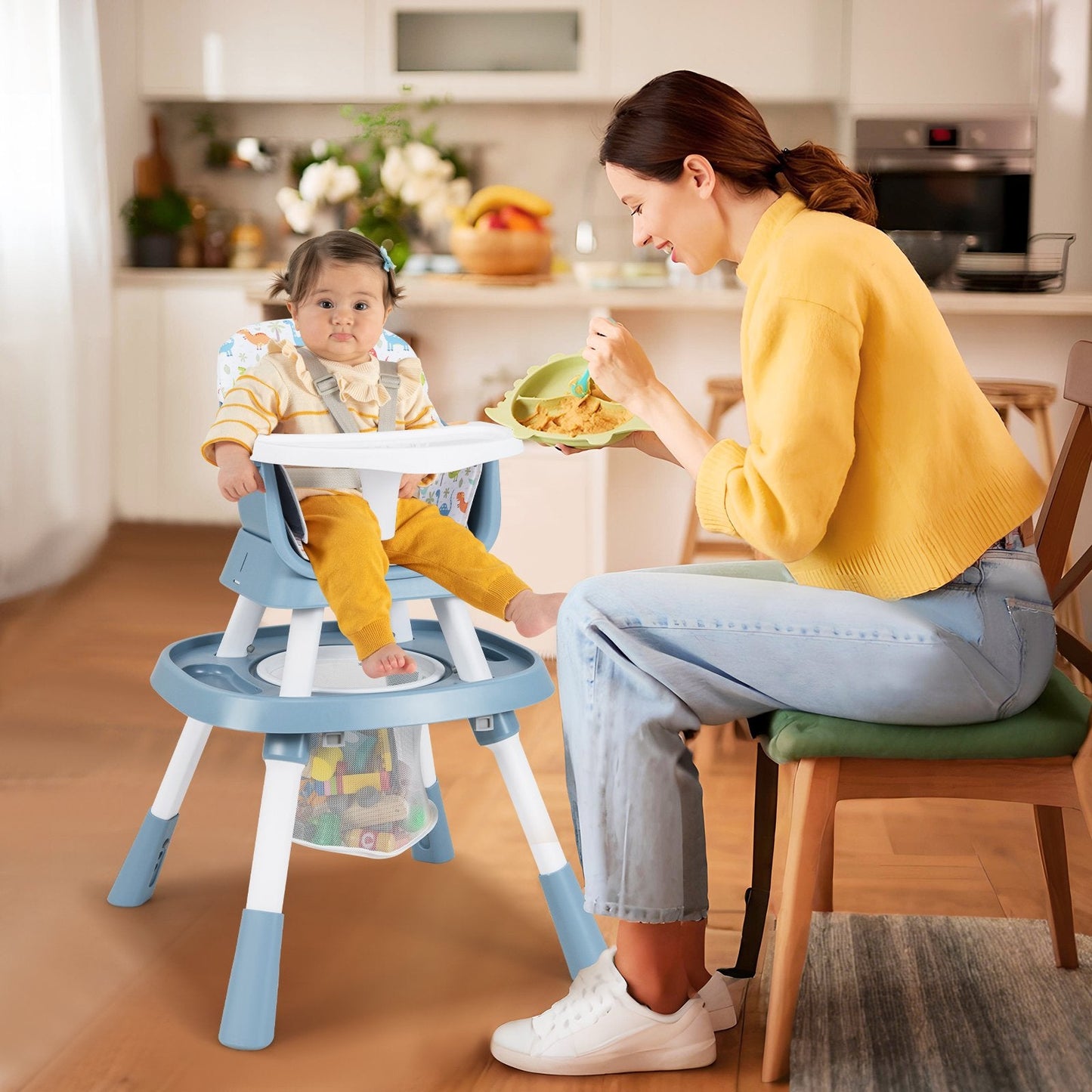 16-in-1 Convertible Baby High Chair with Removable Tray and 5-Point Harness-Blue