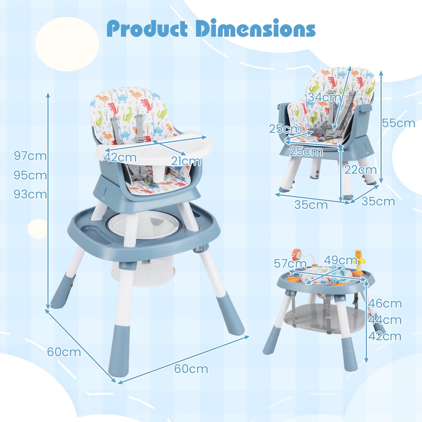 16-in-1 Convertible Baby High Chair with Removable Tray and 5-Point Harness-Blue