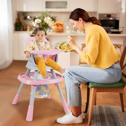 16-in-1 Convertible Baby High Chair with Removable Tray and 5-Point Harness-Pink