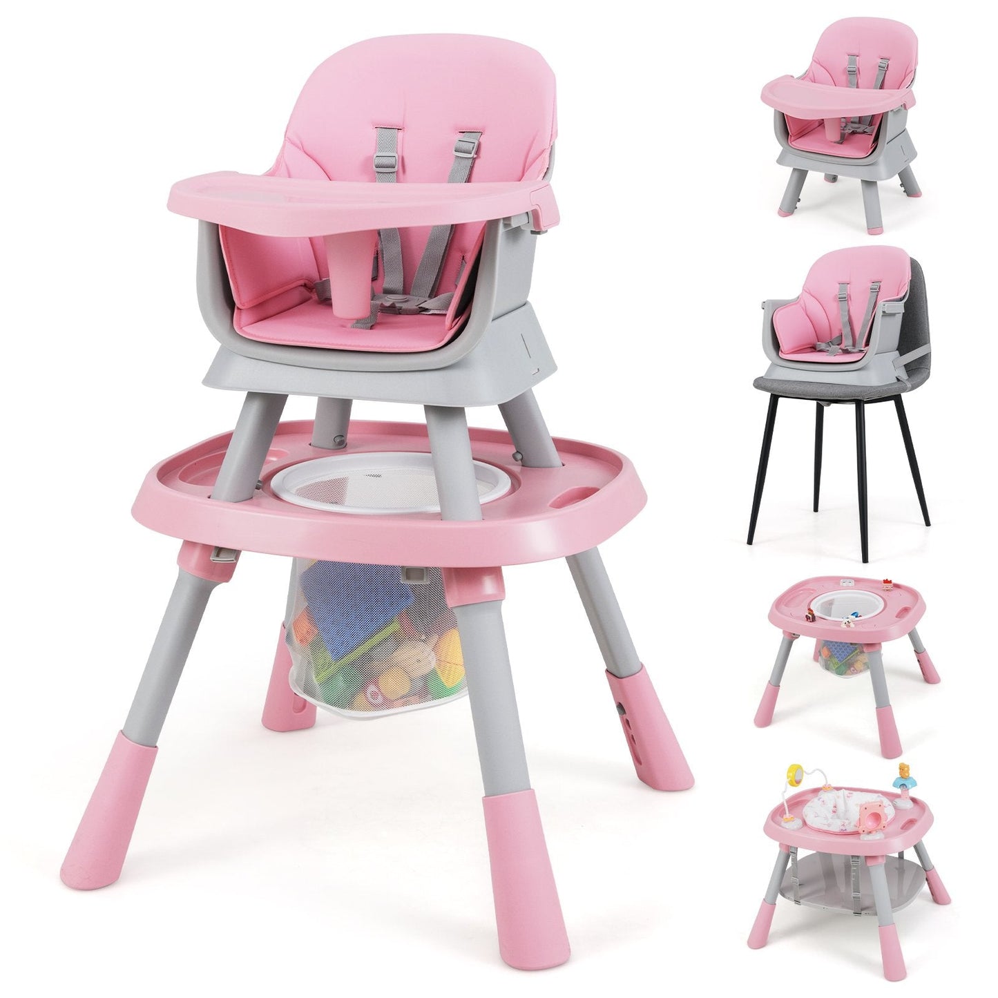 16-in-1 Convertible Baby High Chair with Removable Tray and 5-Point Harness-Pink