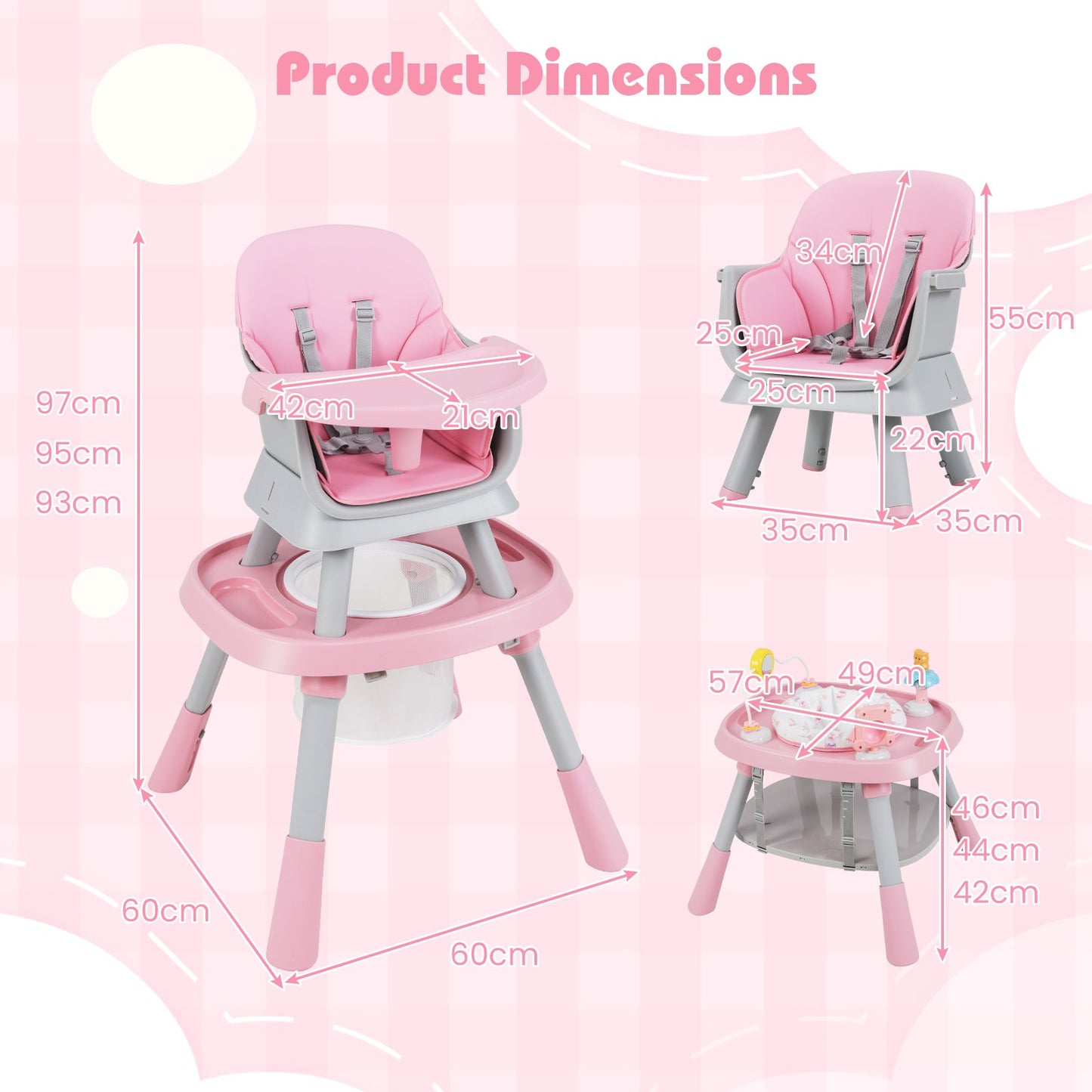 16-in-1 Convertible Baby High Chair with Removable Tray and 5-Point Harness-Pink
