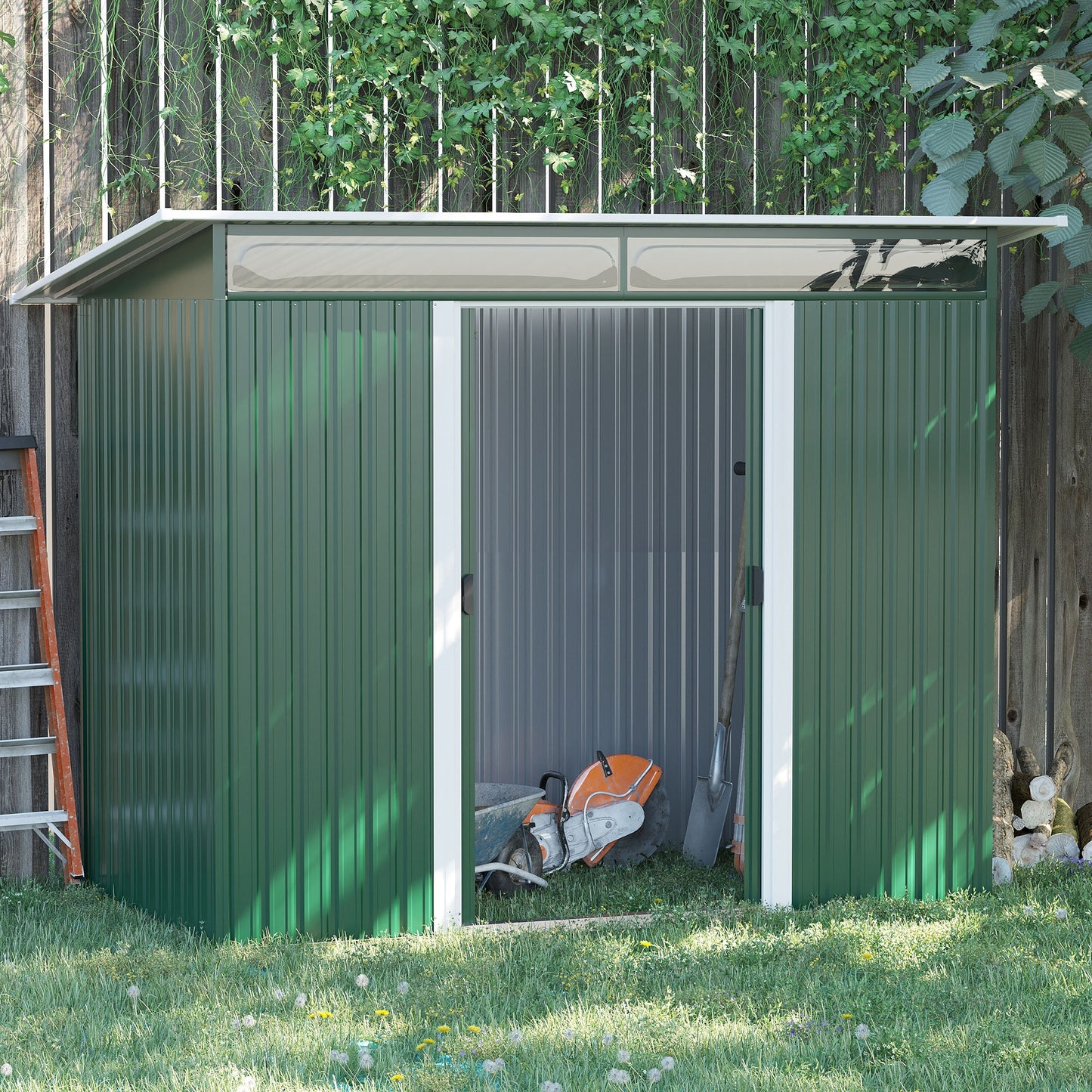 Outsunny Metalowy domek ogrodowy, domek do przechowywania narzędzi z podwójnymi drzwiami przesuwnymi i panelami Lightsky, 8,5 x 4 stopy