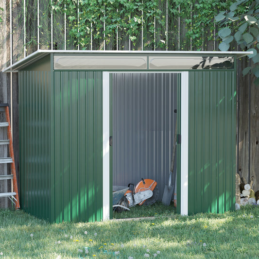 Outsunny Metalowy domek ogrodowy, domek do przechowywania narzędzi z podwójnymi drzwiami przesuwnymi i panelami Lightsky, 8,5 x 4 stopy