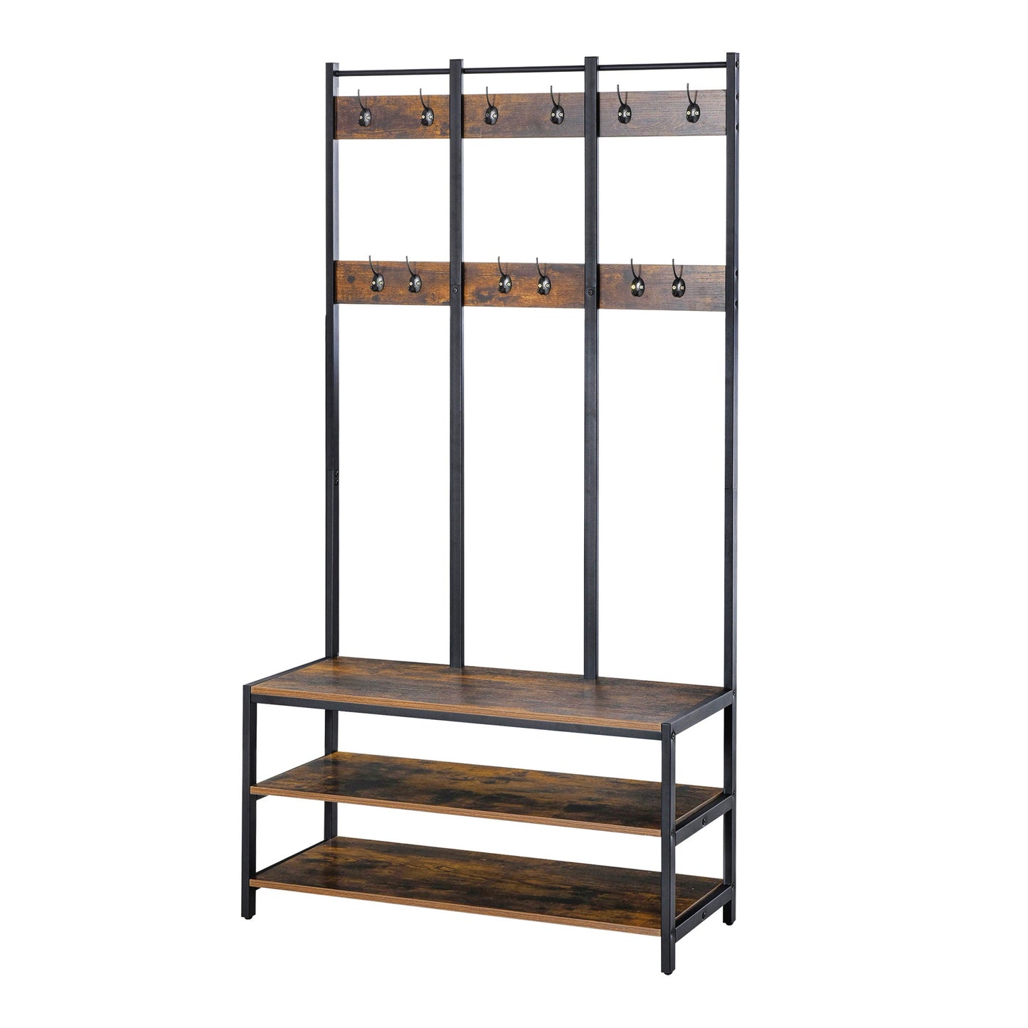 HOMCOM Coat Rack Stand, Free Standing Hall Tree, Coat Stand with Hooks, Bench and Shoe Rack, 100cm x 38.5cm x 185.5cm, Industrial Style, Rustic Brown and Black