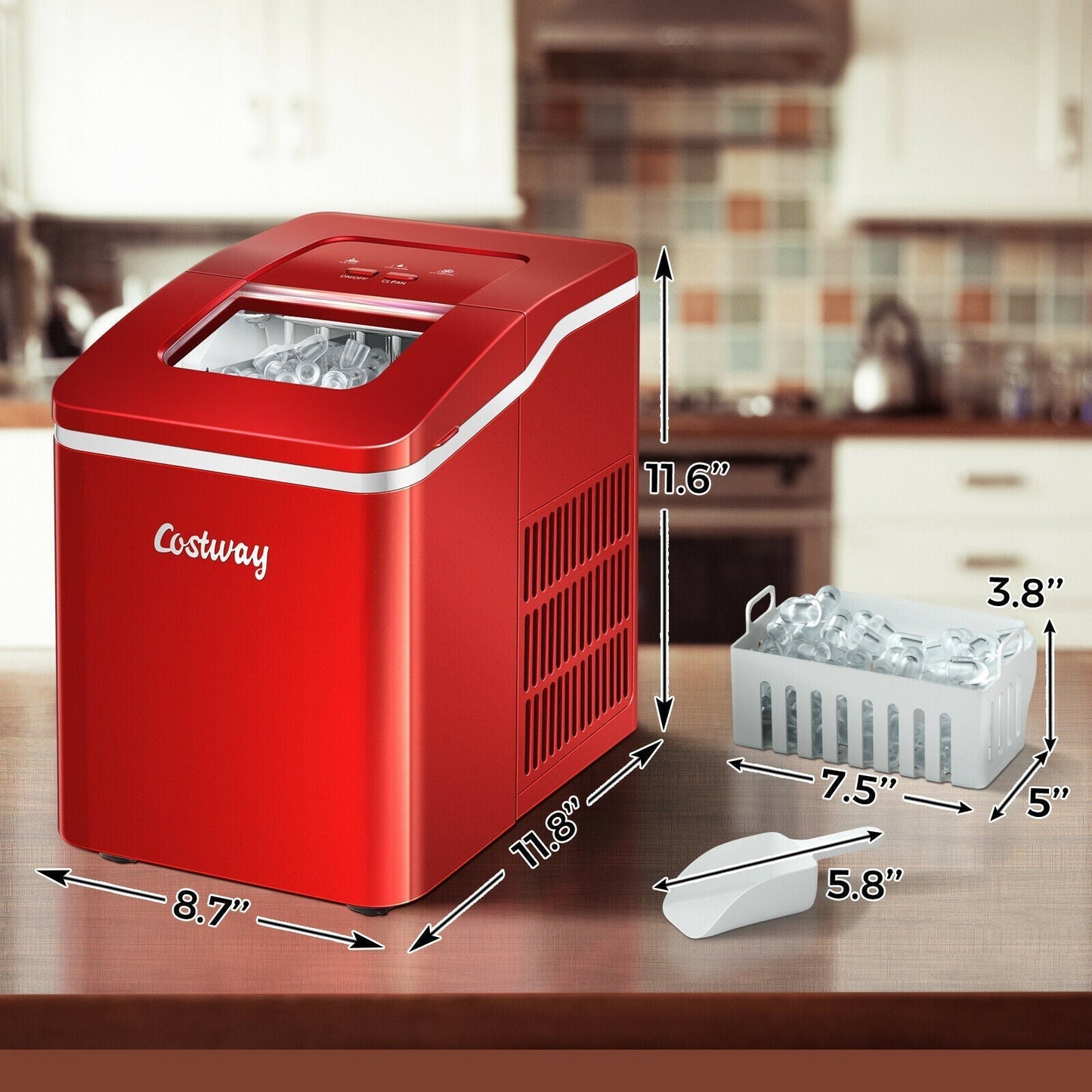 1.6L Portable Ice Maker 12kg / 24hr-Red - Furniture Gold