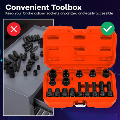 16pcs Impact Brake Caliper Socket Set with Engines and Hubs of Most Car Brands-Orange